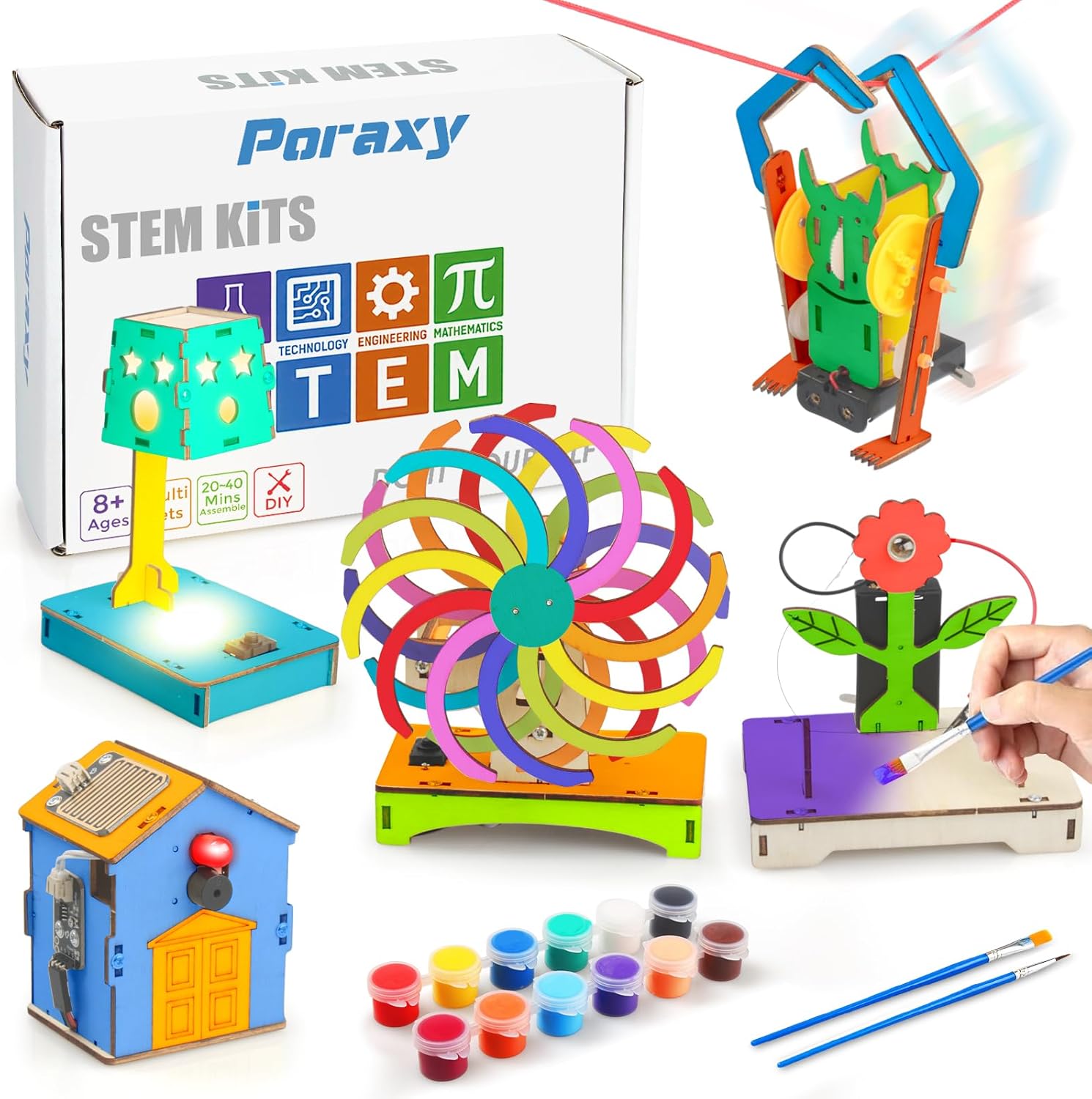 Poraxy 5 in 1 STEM Kits for Kids Age 8-10, Wooden 3D Puzzles, Arts Crafts Science Kits for 8-12, Educational Projects Building Toys, Birthday Gifts for Boys and Girls 7 8 9 10 11 12 13 14 Years Old
