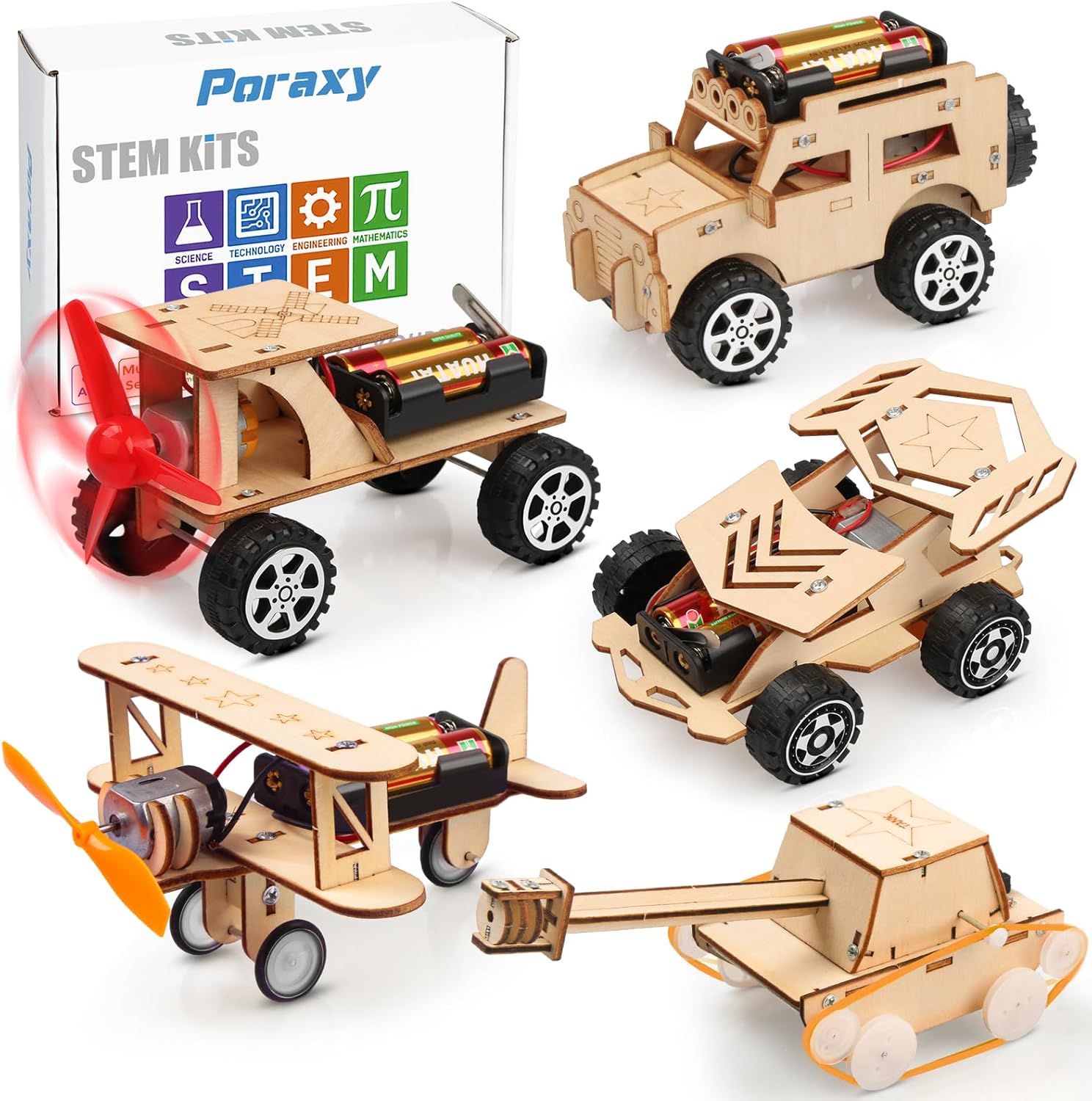 Poraxy 5 in 1 STEM Kits for Kids Age 8-10, Science Building Project Craft for 8-13, Model Car Kit, STEM Toys for Boys Girls Age 8-12, Wooden 3D Puzzles, Birthday Gifts for 6 7 8 9 10 11 12 13 Year Old
